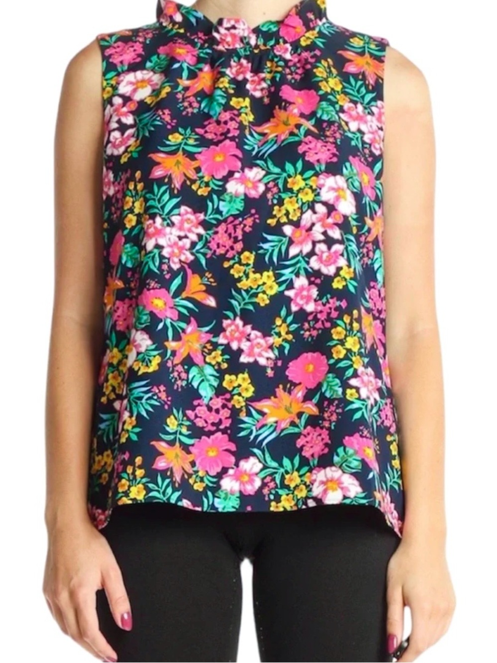 J. CREW Colorful Floral Navy Ruffle Neck Sleeveless Blouse Tank Size LP